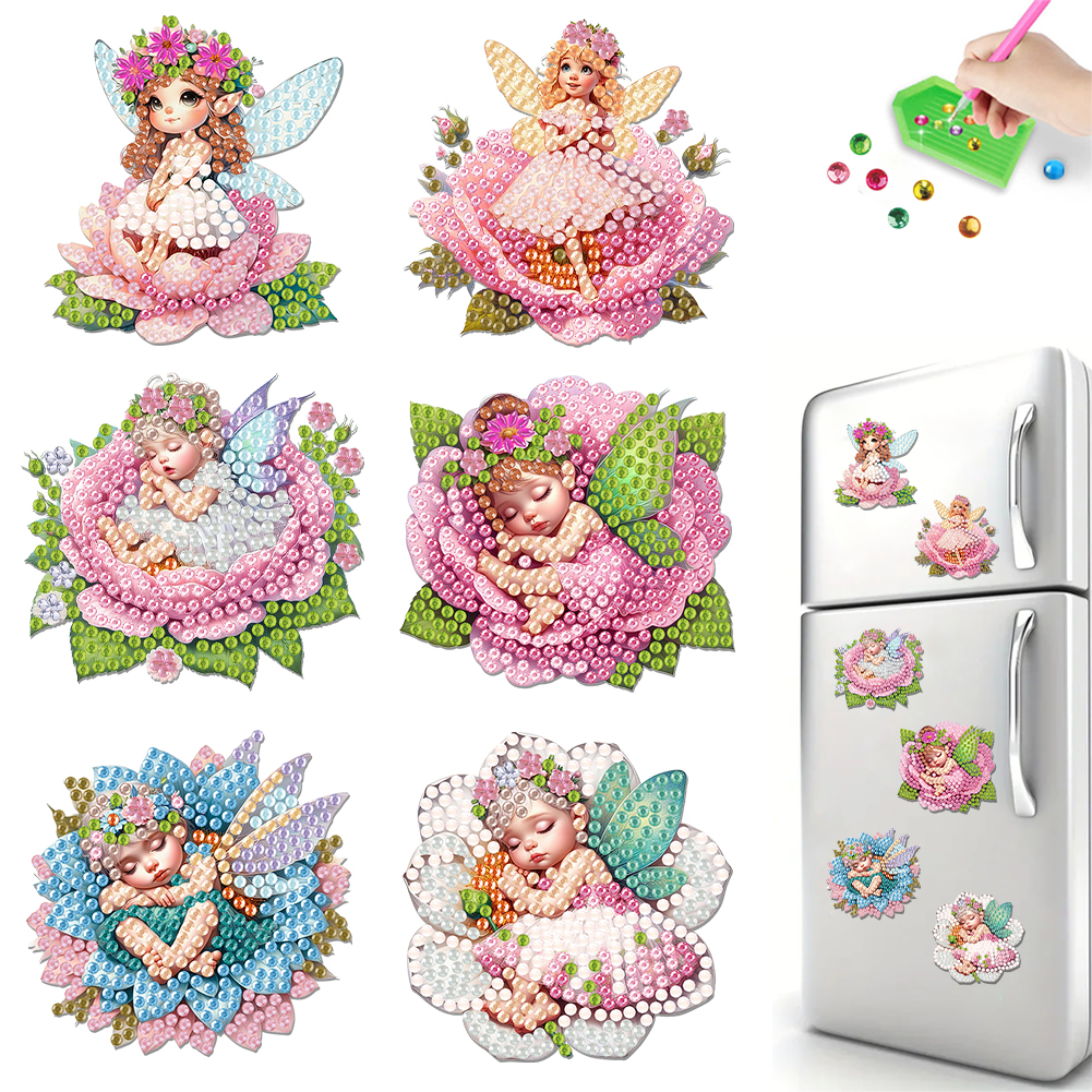6Pcs Acrylic Flower Fairy Diamond Painting Fridge Magnet for Adults Beginners