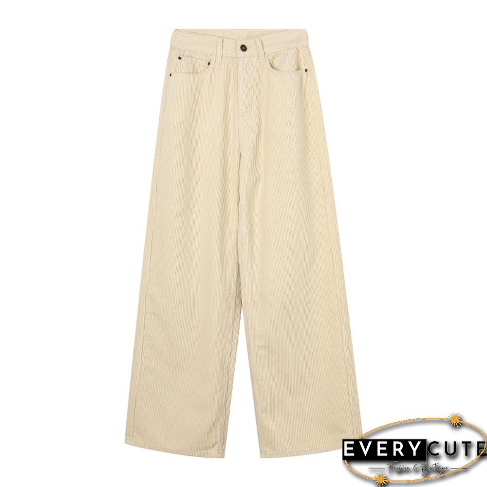Cotton Casual Corduroy Women Long Pants Autumn Winter Office Button Wide-Legged Trousers Fashion Mid Waist Ladies Bottom