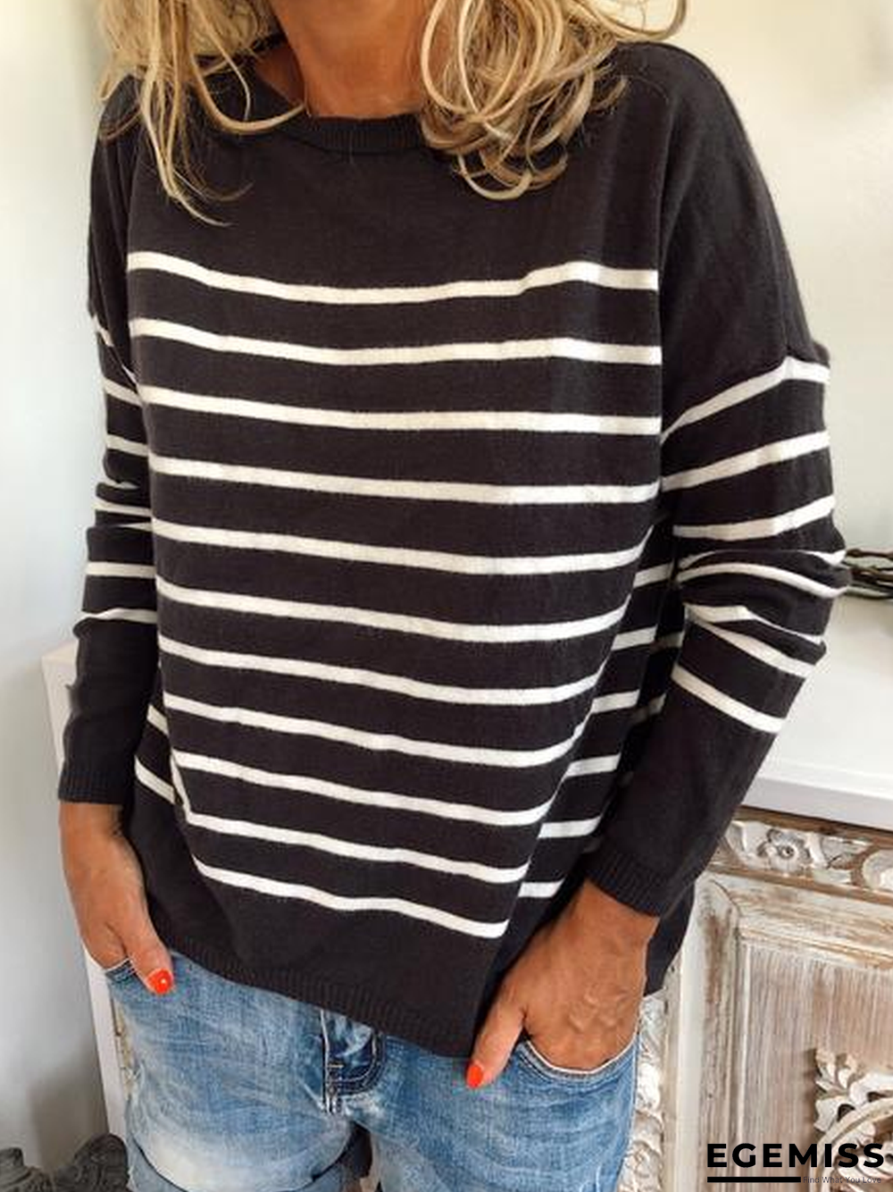 Bateau/boat Neck Stripes Knitted Long Sleeve Sweater | EGEMISS