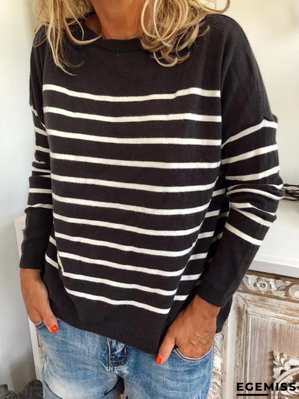 Bateau/boat Neck Stripes Knitted Long Sleeve Sweater | EGEMISS