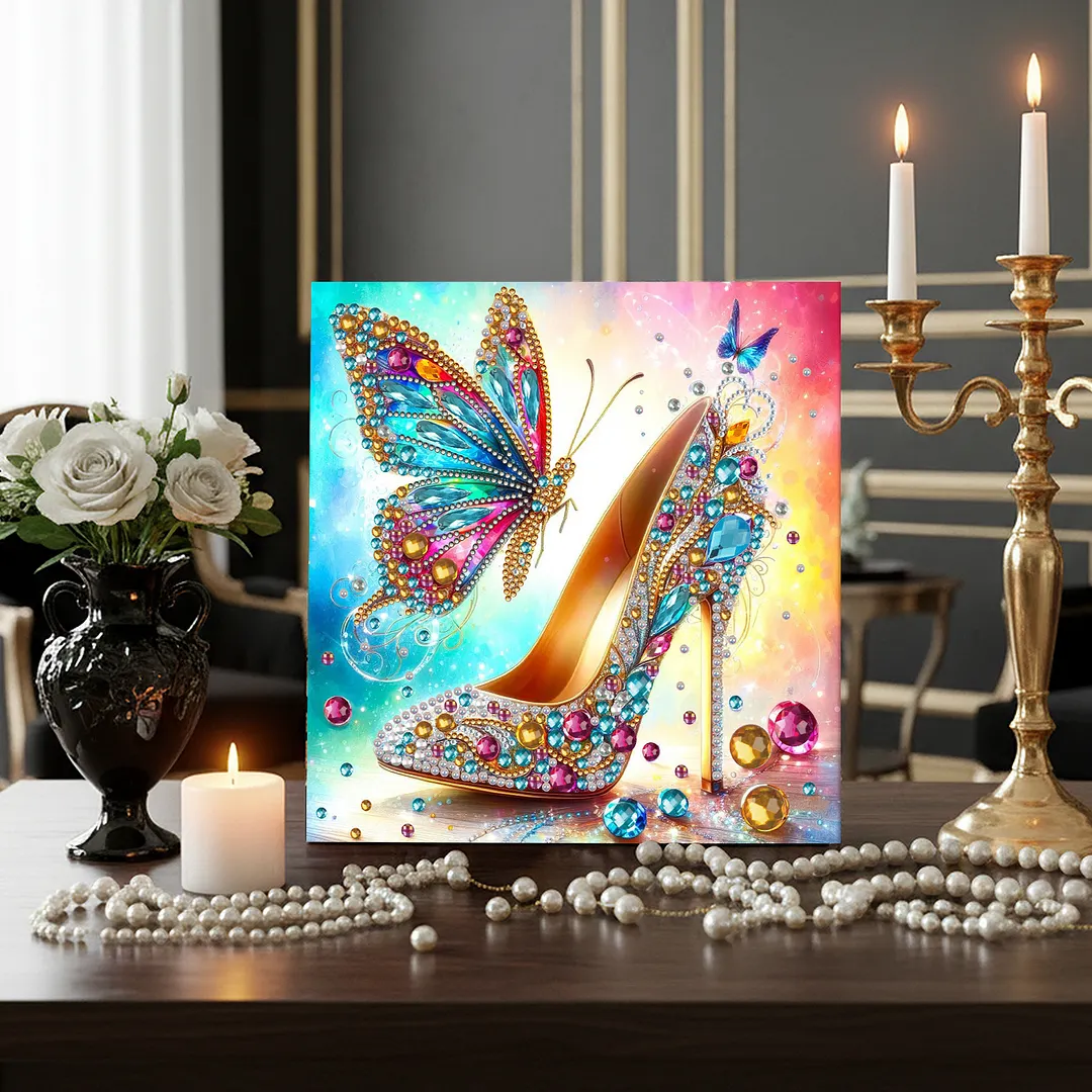 Butterfly High Heels Special Shaped DIY Large Diamond Painting Kit w/ Frame 9.84x9.84inch