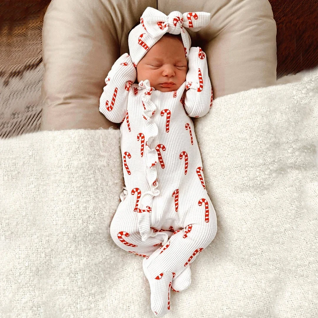 2PCS Lovely Organic Waffle Candy Cane Printed Baby Jumpsuit