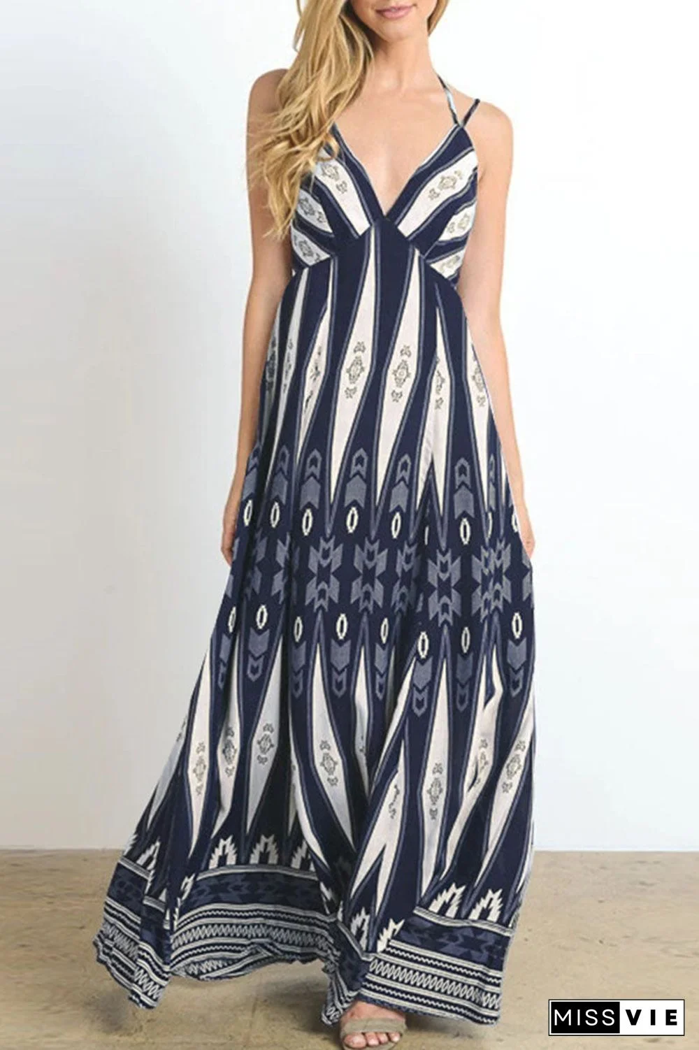 Fashion Bohemian Print Split Joint Backless V Neck A Line Dresses