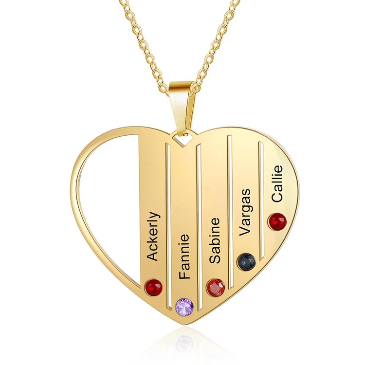 Personalized Heart Pendat Necklace with 5 Birthstone Engraved 5 Names Family Necklace in Gold
