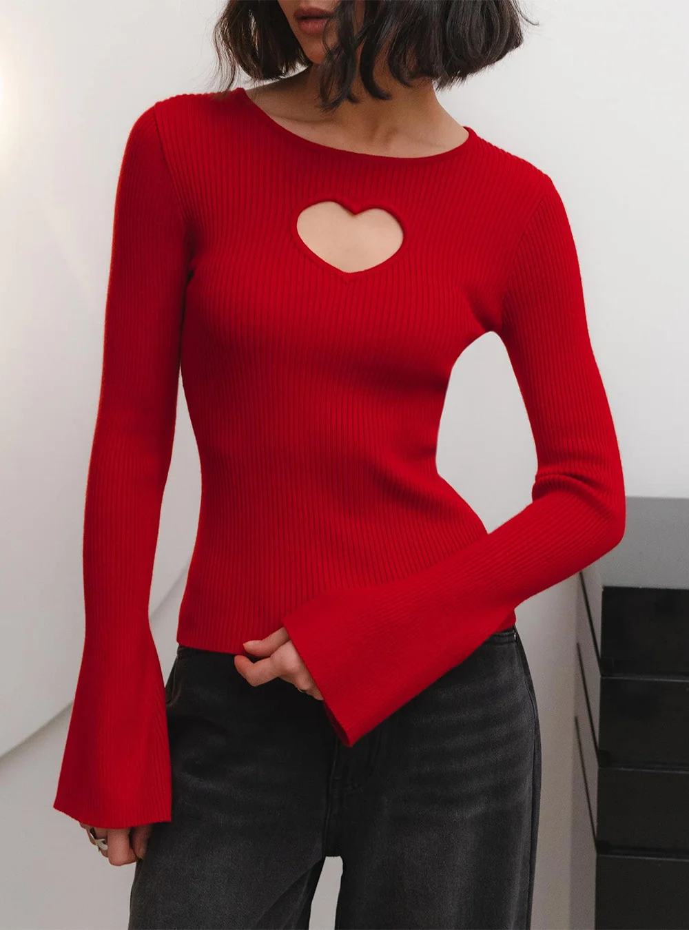 Uveng Uveng Tight Love Hollowed Out Knitted Sweater Women's Autumn And Winter Pure Color Knitted Tops Bottom Shirt