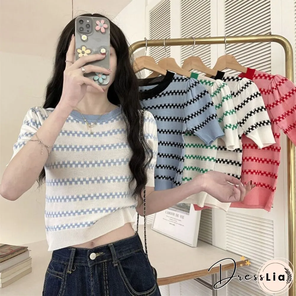 Summer New Korean Version Loose And Thin Design Striped Short-sleeved Knitted Shirt Women