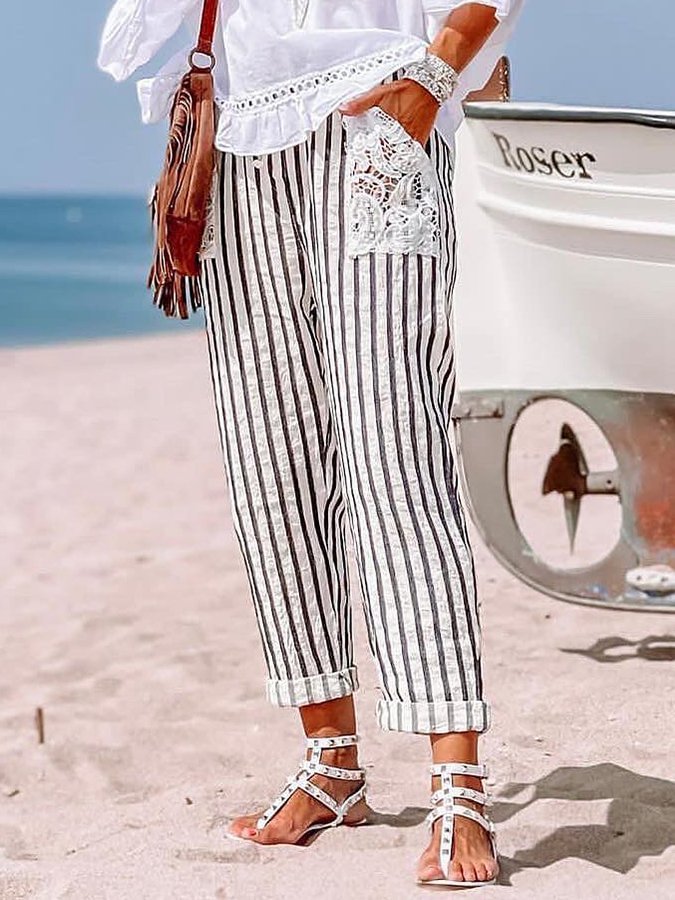 Women's Casual Striped Printed Lace Pocket Trousers
