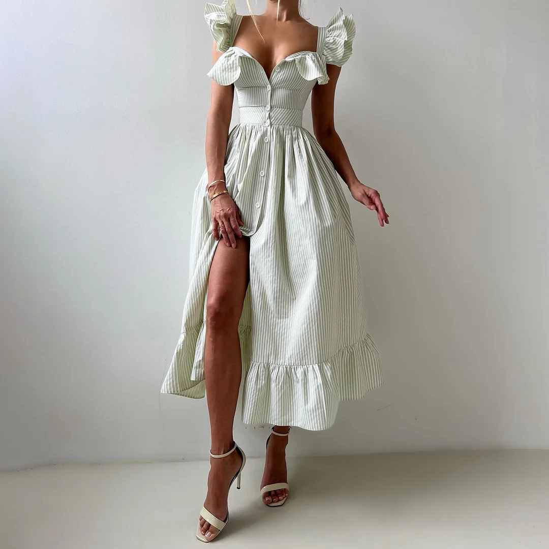 Athvotar Athvotar Temperament Commuting Style Leaf Side Striped Dress Women's Summer Senior Neck Cuff Double Design Women's Clothing