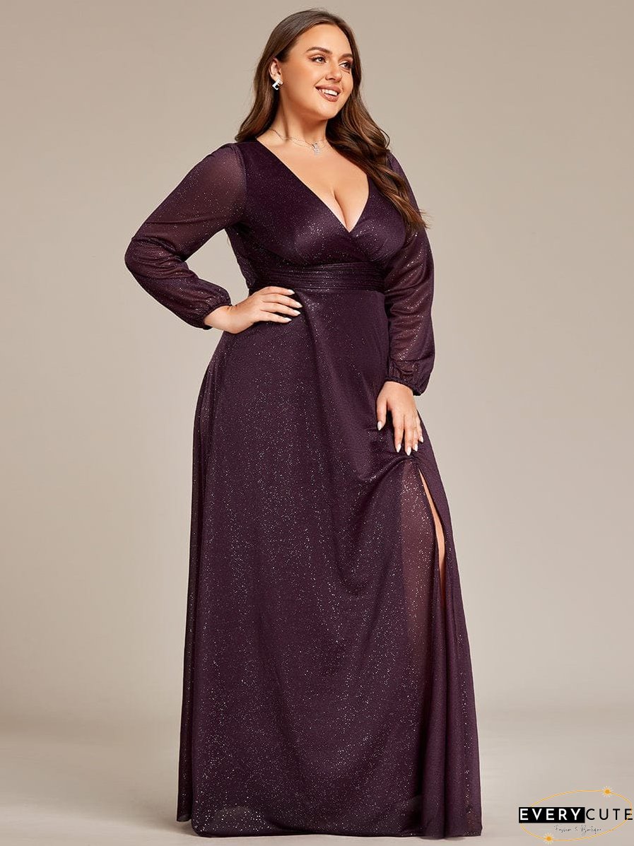 Shiny Puff Sleeve V-Neck Evening Gown for Curvy Women