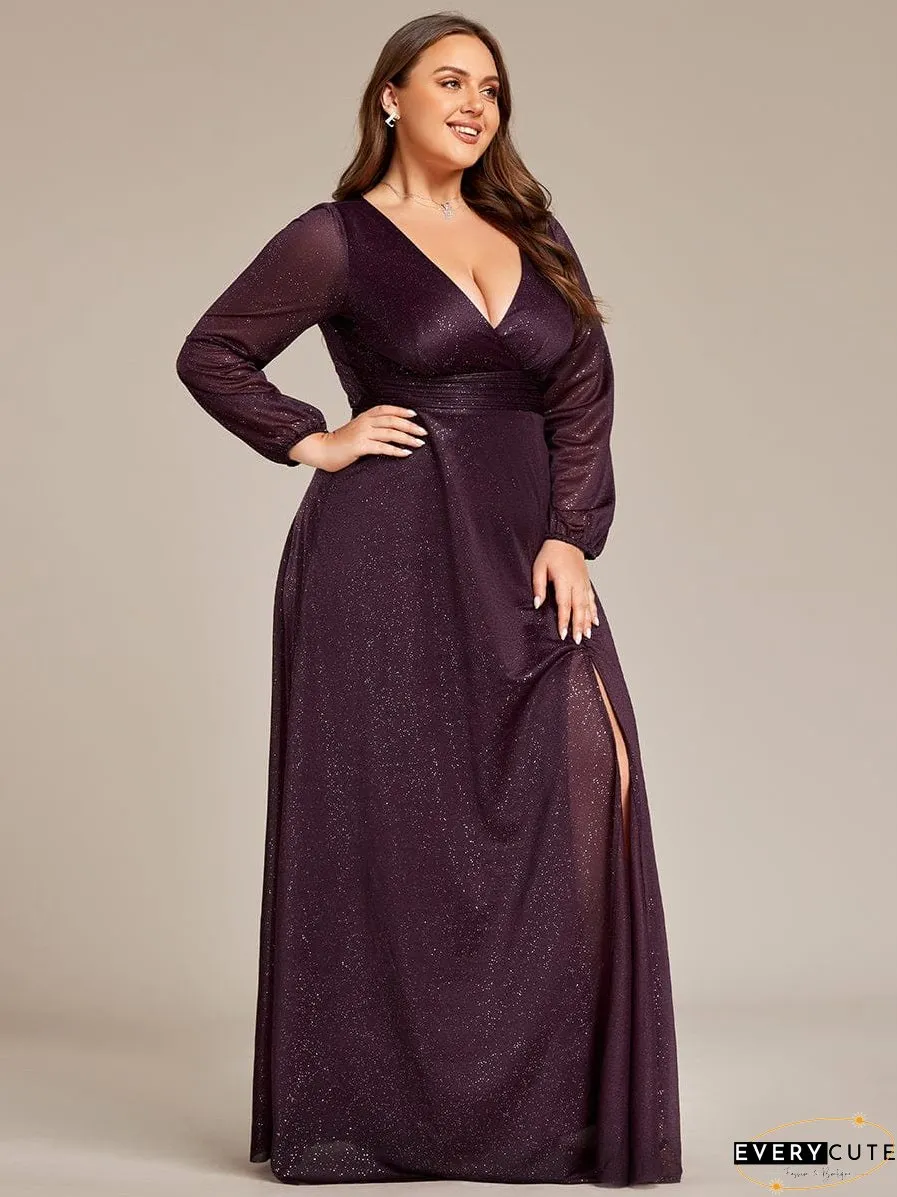 Shiny Puff Sleeve V-Neck Evening Gown for Curvy Women