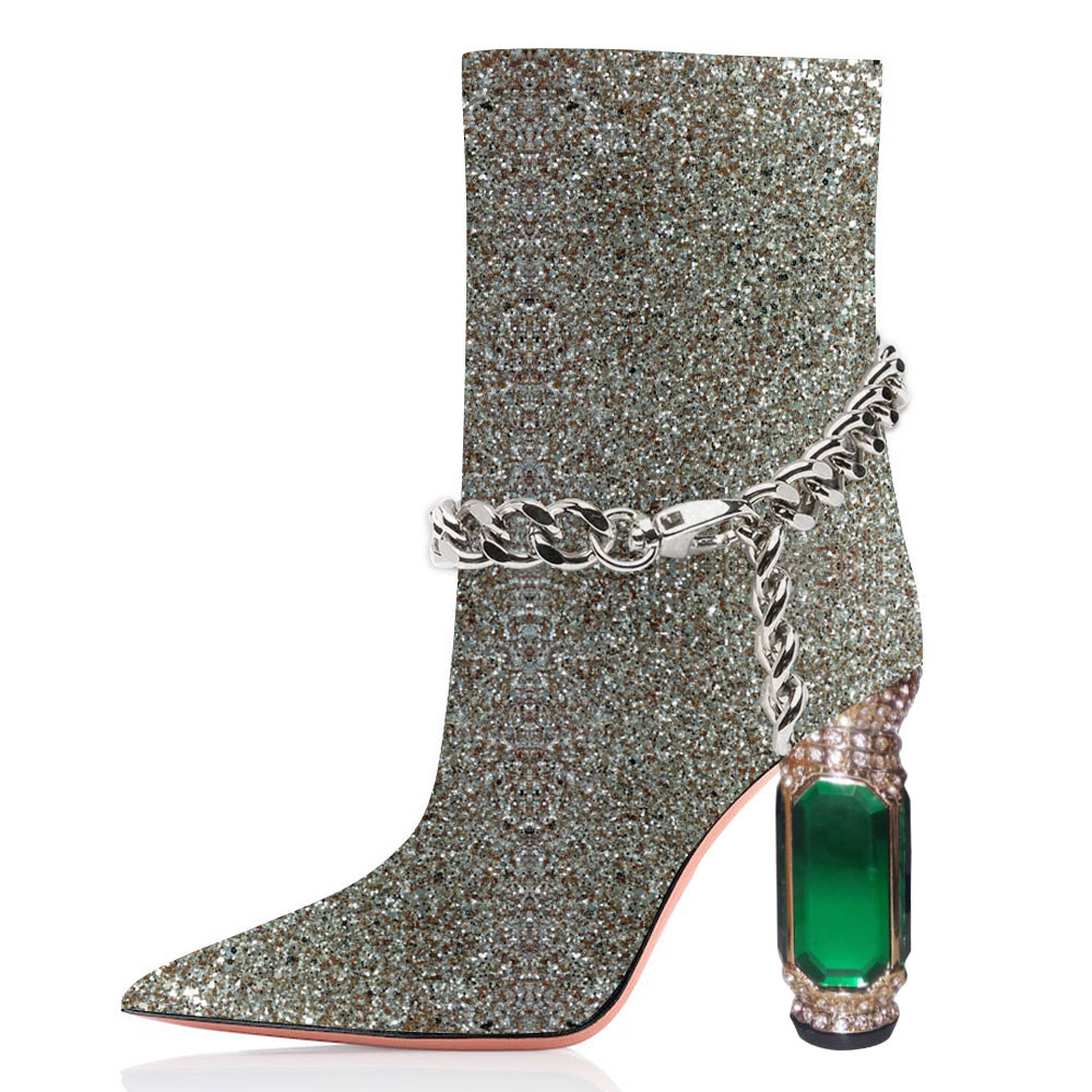 Chain Embellished Pointed Toe Sculptural Heel Glitter Boots in Silver Nicepairs