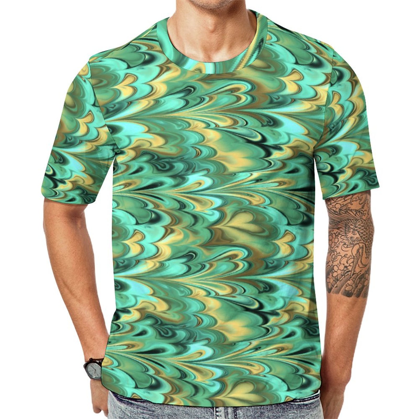 Gold Green Turquoise Marbled Short Sleeve Print Unisex Tshirt Summer Casual Tees for Men and Women Coolcoshirts