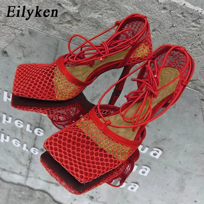 Eilyken Sexy Green Mesh Pumps Sandals Female Square Toe high heel Lace Up Cross-tied Stiletto hollow Dress shoes size 35-42