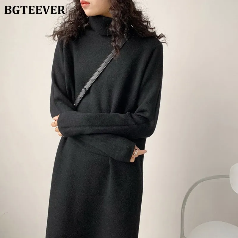 BGTEEVER Autumn Winter Thicken Women Dress Turtleneck Ladies Knit Vestidos Casual Warm Loose Female Sweaters Dress 2021