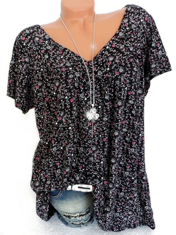 Casual V Neck Floral Short Sleeve Top