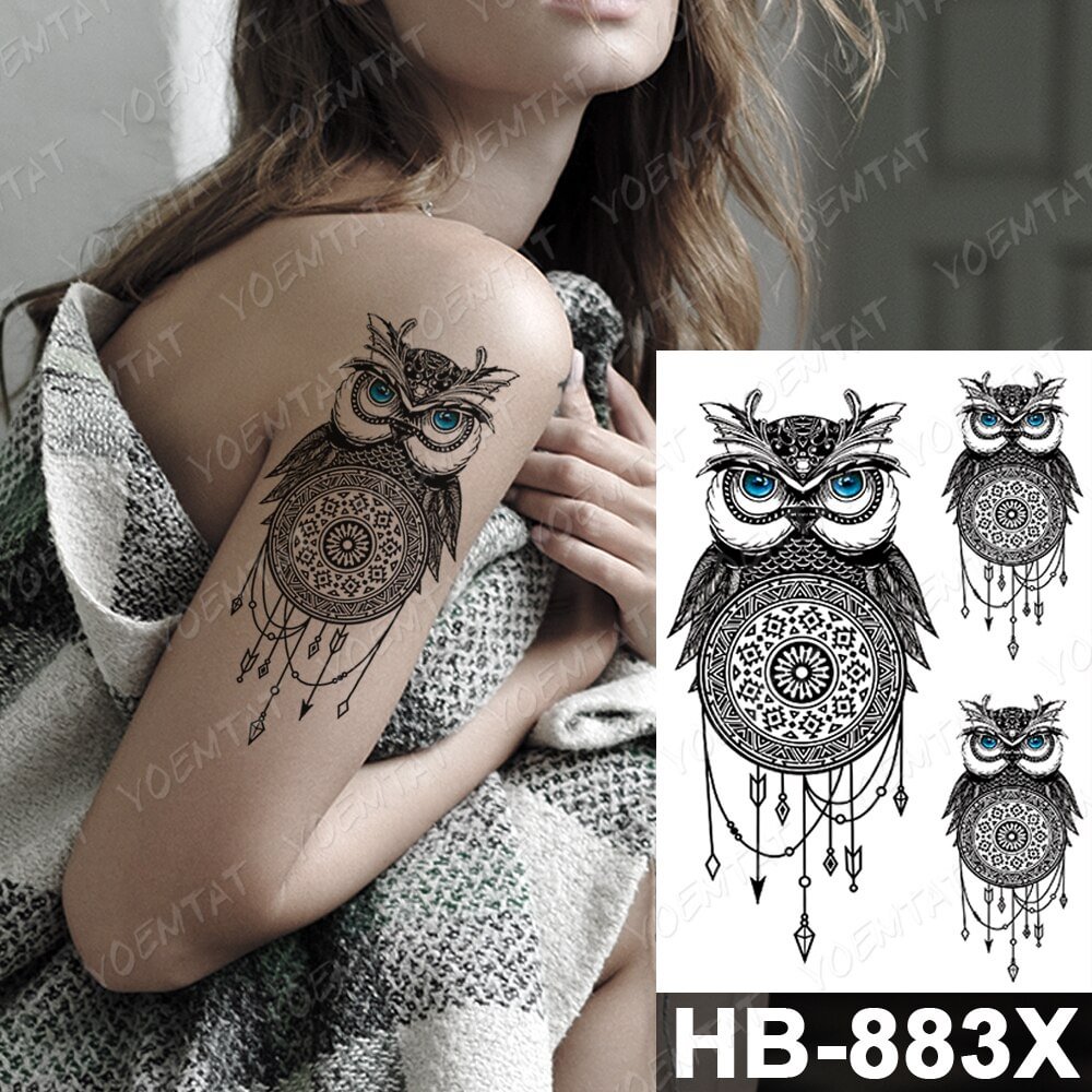 Gingf Temporary Tattoo Sticker Owl Fox Feather Rose Flower Line Feather Body Art 3D Fake Tatto Men Women Transfer Tattoos