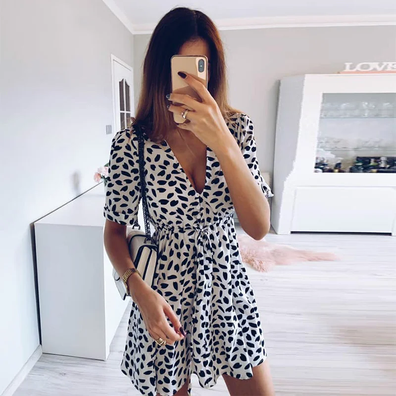 Ueong Ueong Fashion Print Button Tie Belt Summer Beach Casual Dress Women's Direct Sales