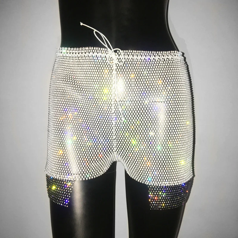 Punklens Rhinestone Shorts Women Sexy See Through Hollow Out High Waist Shorts Rave Party Club Casual Fashion Female Short