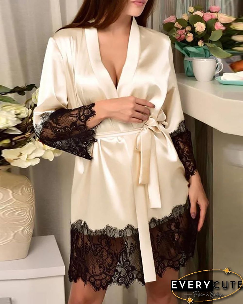 Eyelet Lace Patch Satin Long Sleeve Robe