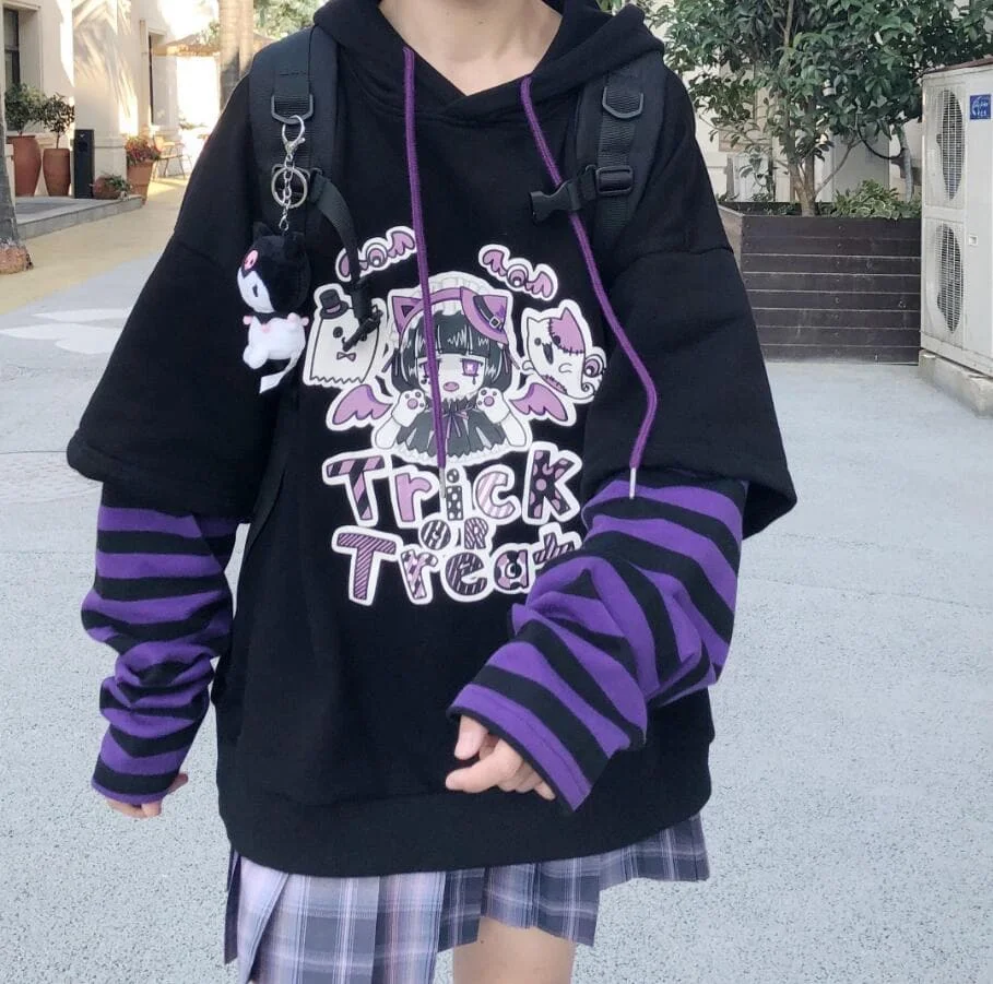 Warm Cartoon Letters Print Striped Splicing Long Sleeve Hoodie Pullover SP15266