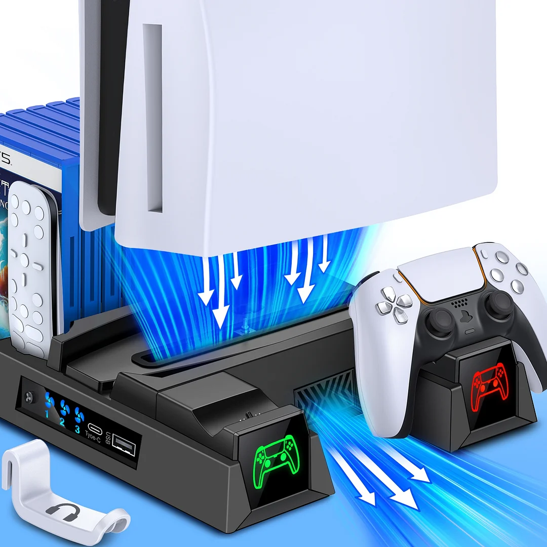 DinoFire Vertical Stand for PS5 with 2 Cooling Fan, Controller Charging Station for PS5 Dualsense/Digital/Disc Edition