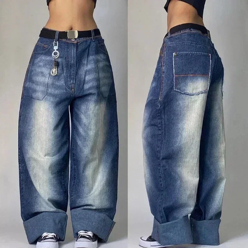 Edubridgesmart American Y2K New Fashion Punk Pattern Embroidered Straight Jeans Women Street Casual Loose Oversized Wide-leg Pants Couple Jeans