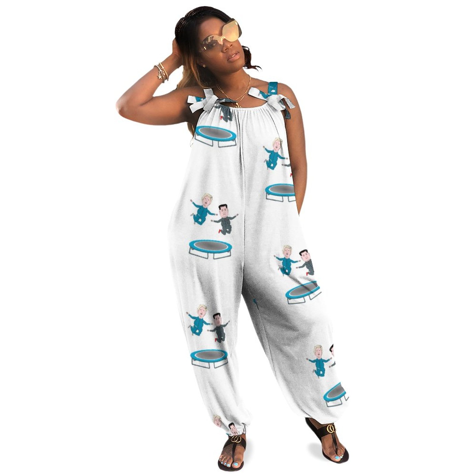 Kim Jong Un And President Trump Trampolone Plus Size Women Rompers Summer Casual Loose Jumpsuit Boho Pockets Natural Waist Polyester Spandex