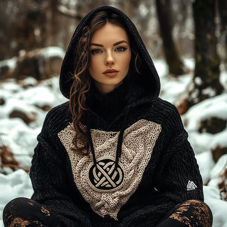 Women's Viking Tribal Jacquard Celtic Inspired Knit Hooded Sweater
