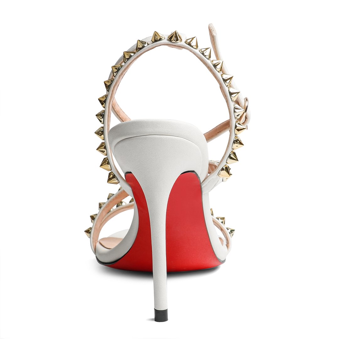 100mm Women Slingback Open Toe Rivets Sandals Ankle Buckle High Heel Summer Red Bottoms Shoes-MERUMOTE