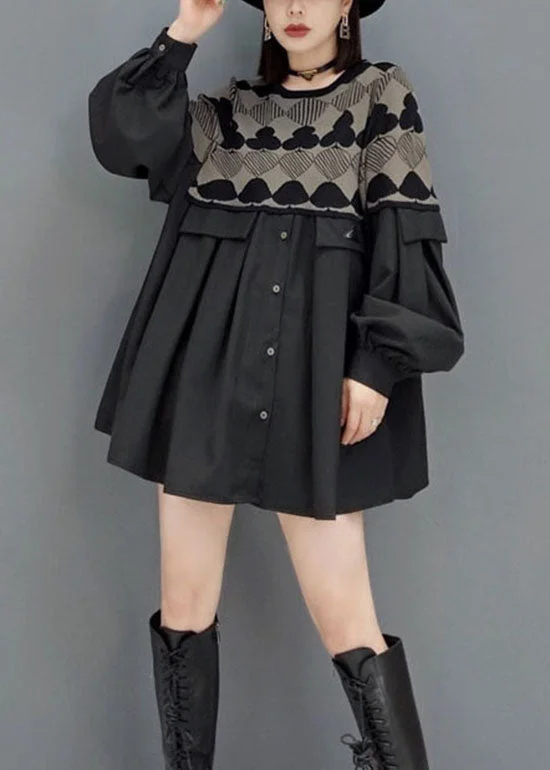 Style Black O-Neck button print Patchwork Knit Dresses