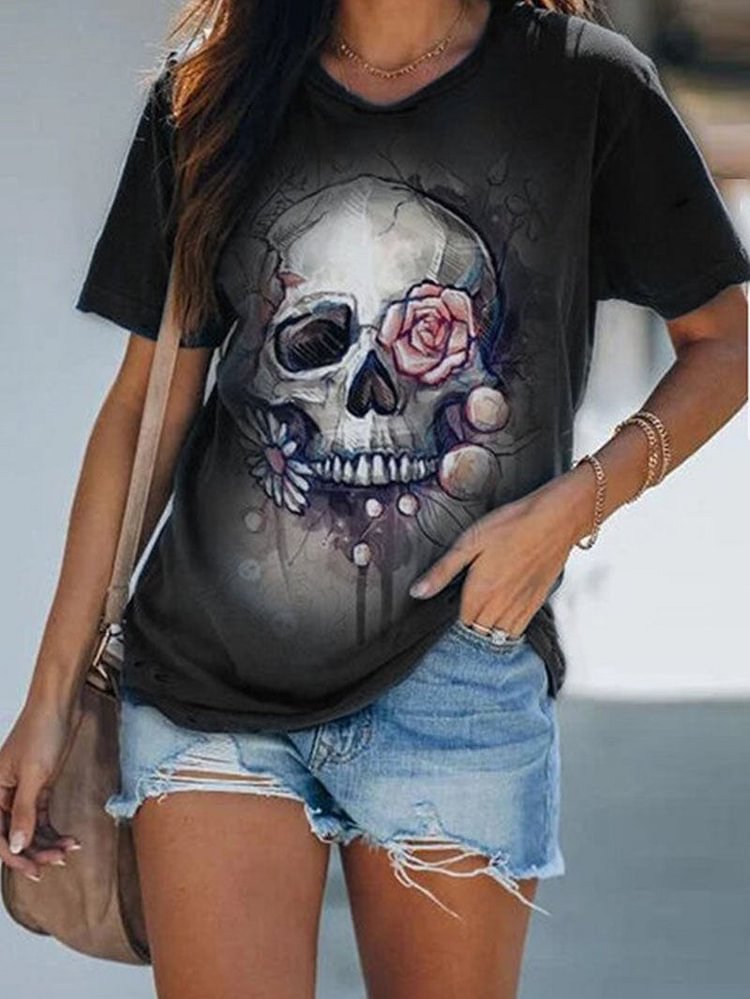 Skull print short-sleeved round neck women's T-shirt