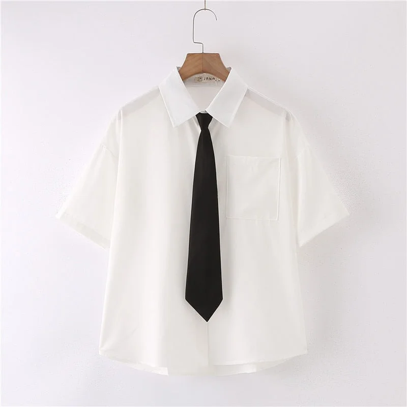 New Blouses Shirt Women JK Style Summer Short Sleeve Solid White Tops With Tie Bow Japanese Korean Female Shirts Lapel Blusas