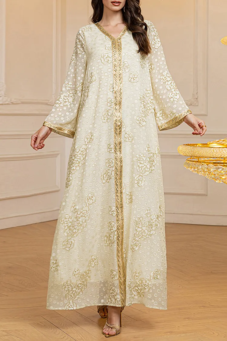Floral Pattern Jacquard Chiffon Patchwork V Neck Kaftan Maxi Dresses
