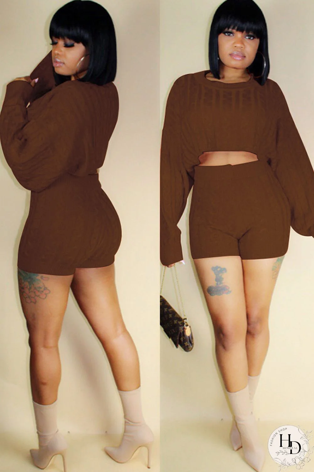 Orange Wool Europe and America Solid Two Piece Suits pencil Long Sleeve Two-Piece Short Set