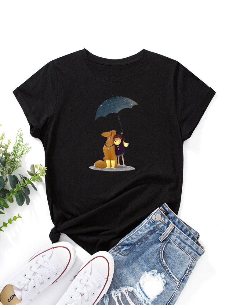 Cartoon Girl With Dog Print O neck Short Sleeve T shirt For Women P1800170