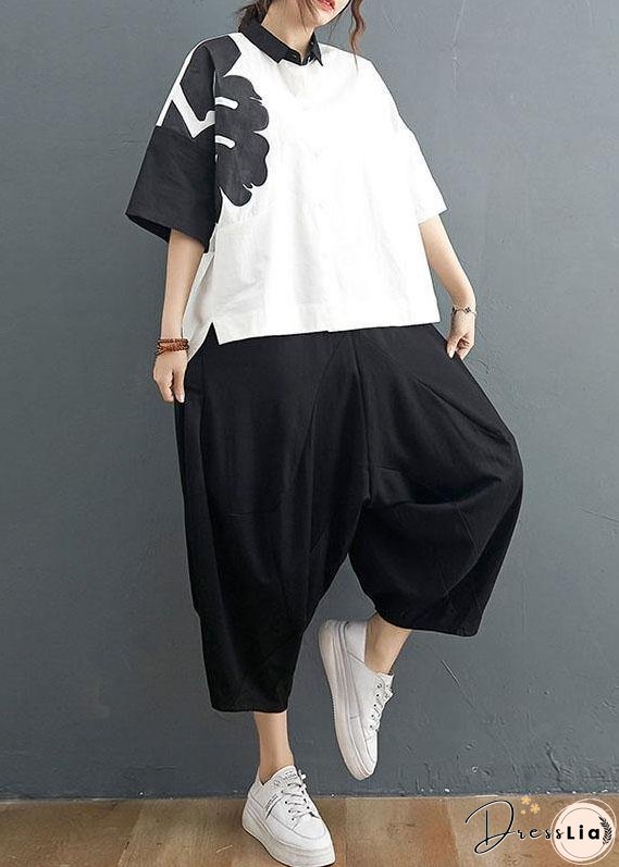 Organic White Print Black Harem Two Pieces Set Summer Cotton Linen