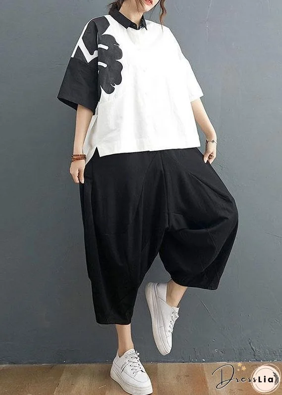 Organic White Print Black Harem Two Pieces Set Summer Cotton Linen