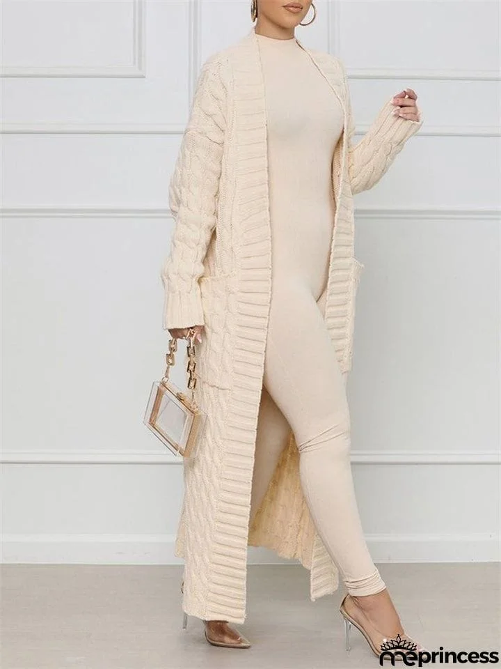 Popular Lazy Knitted Solid Long Cardigan Sweater For Women