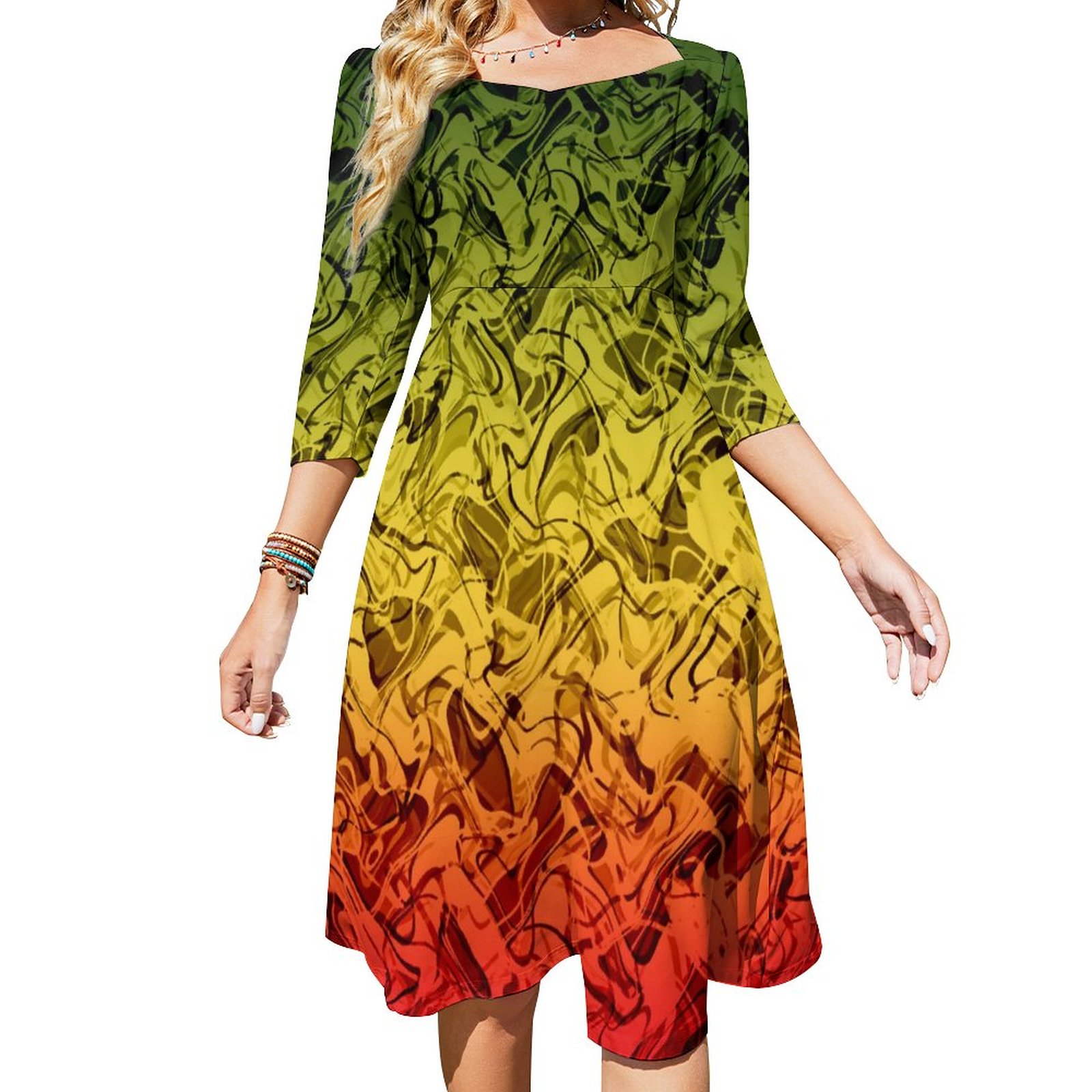 Rasta Fire Abstract Smoke Cool Green Yellow Red Dress Sweetheart Tie Back Flared 3/4 Sleeve Midi Dresses