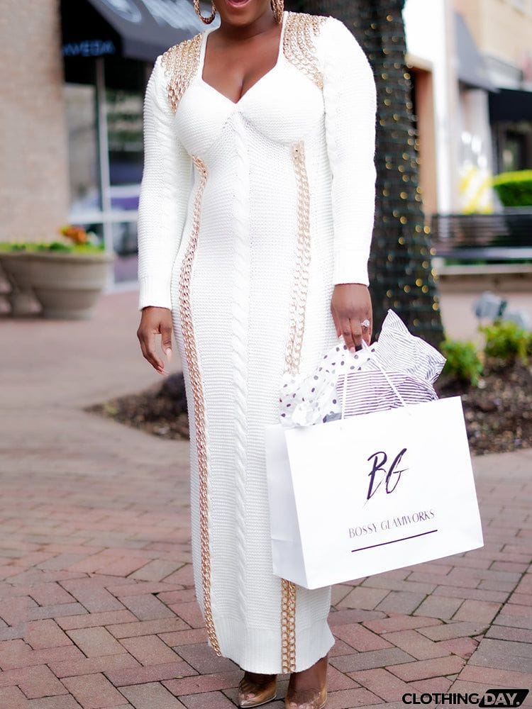 Fashion Wrap Color-Block Crochet V-Neck Sweater Maxi Dresses