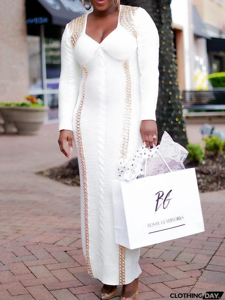 Fashion Wrap Color-Block Crochet V-Neck Sweater Maxi Dresses