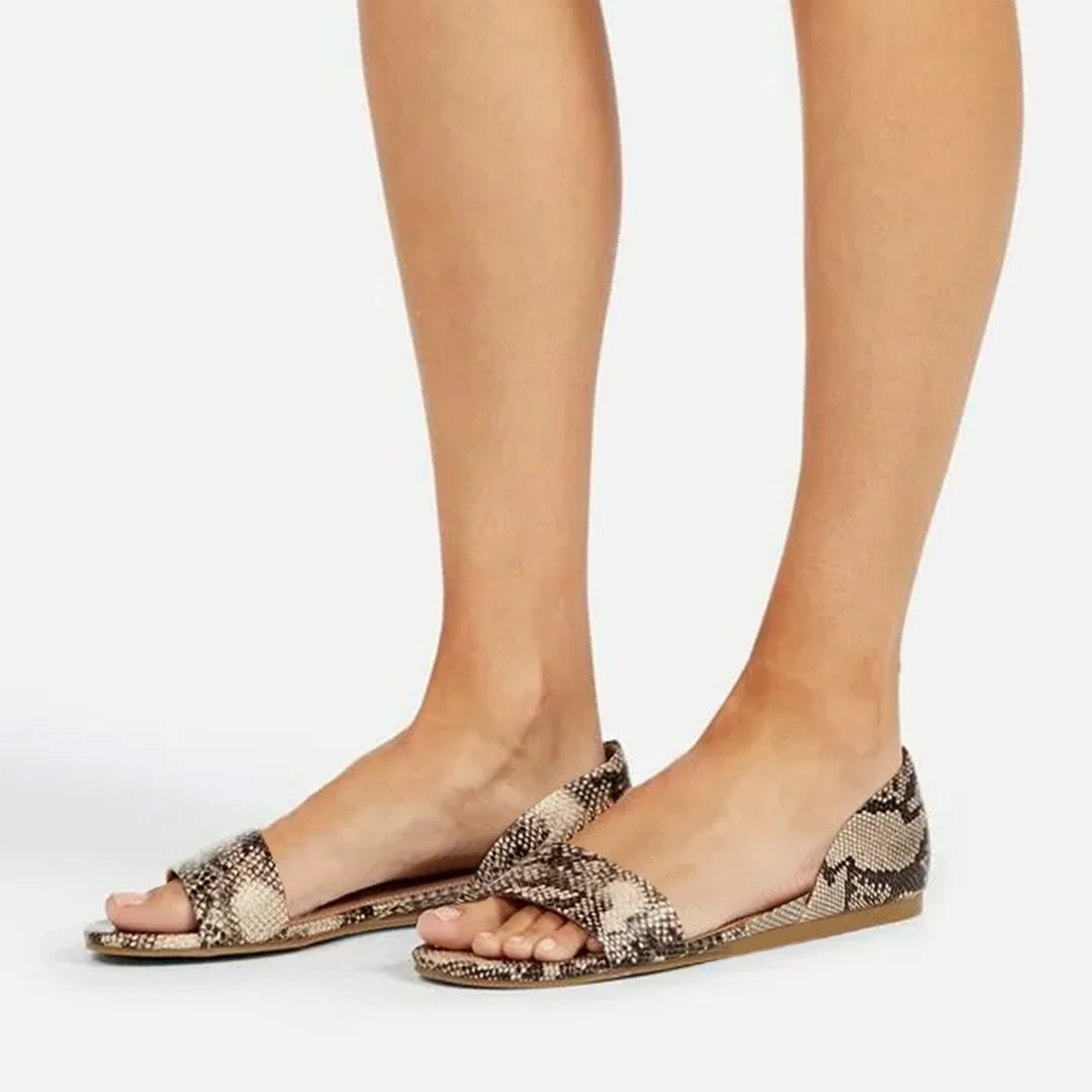 Fashionable Taupe Vegan Leather Open-Toe Flat Comfy Python Sandals