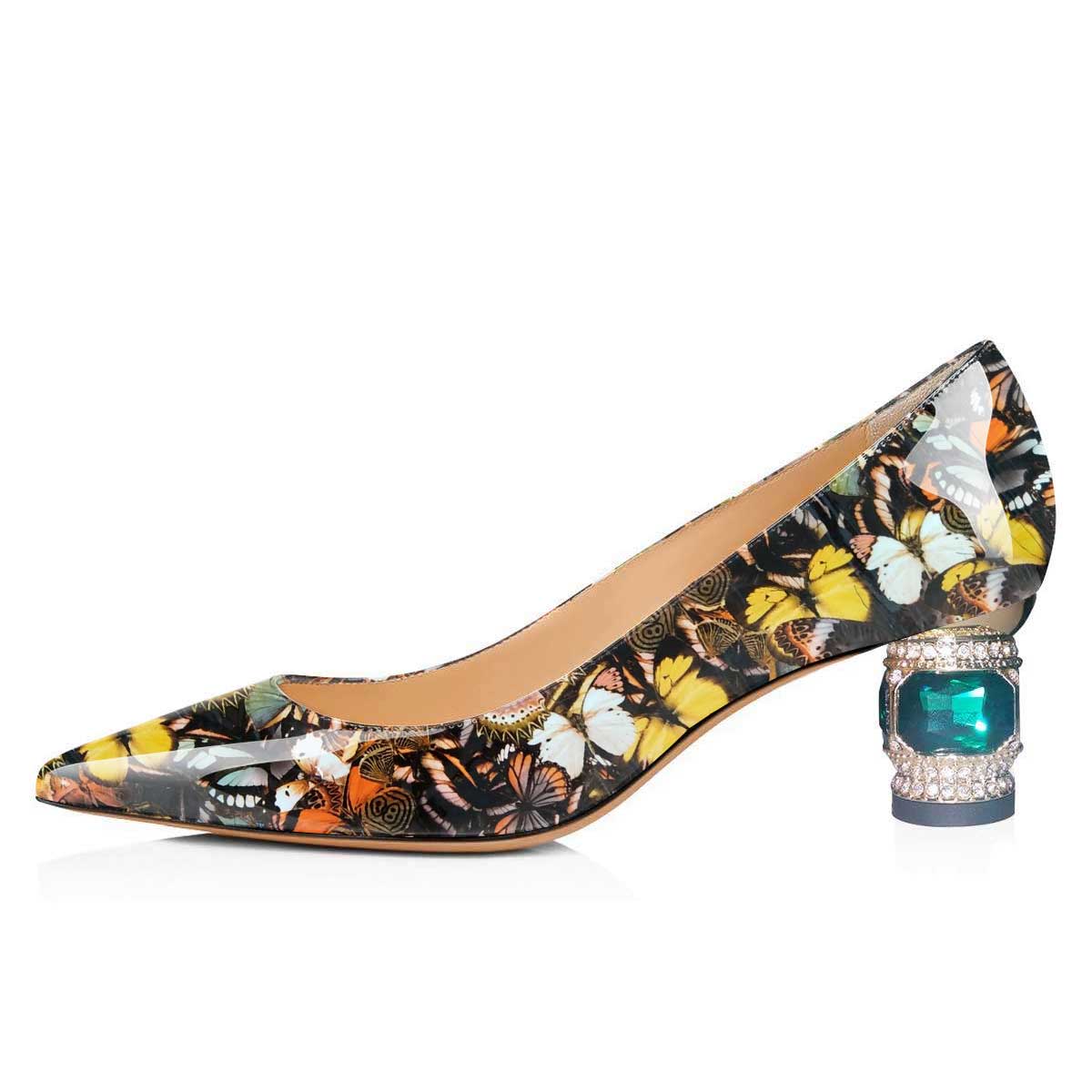 Patent Leather Sculptural Heel Butterfly Print Pumps for Women