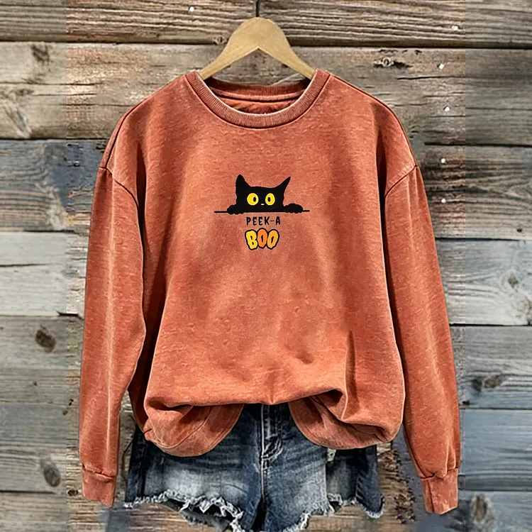 Halloween Retro Cat Letter Print Crew Neck Sweatshirt