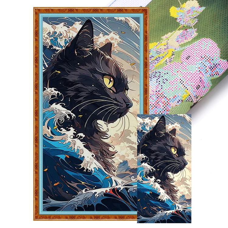 【Huacan Brand】Black Cat In The Wind And Waves 11CT Stamped Cross Stitch 45*90CM