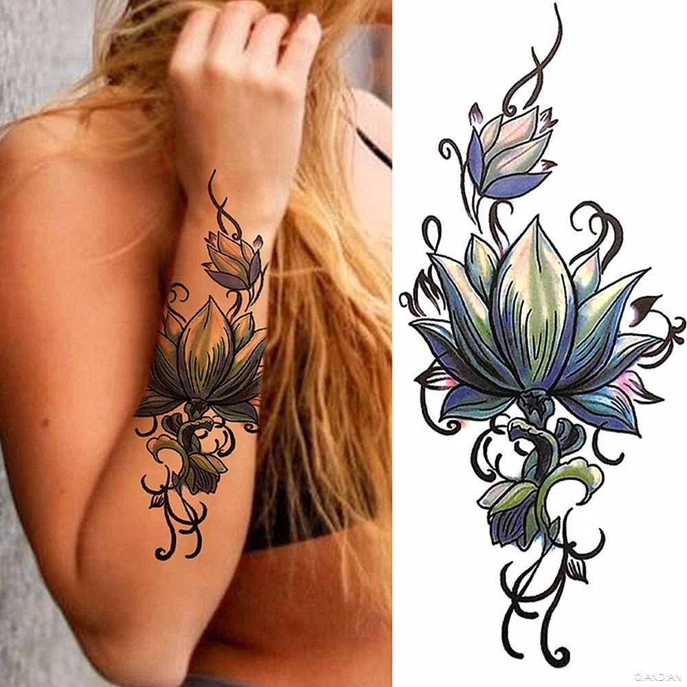 Watercolor Arm Letter Temporary Tattoos Sleeve English Word Lip Print Feather Decorate Realistic Fake Body Women Totem Sticker