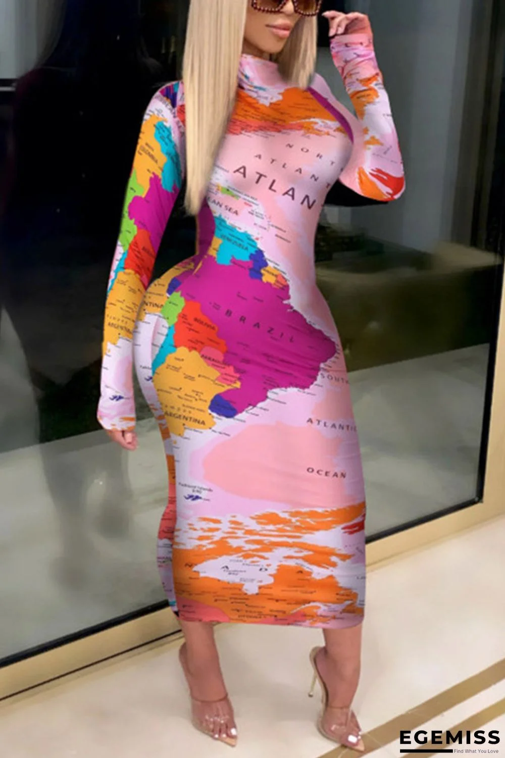 Pink Fashion Casual Print Basic Turtleneck Long Sleeve Dress Dresses | EGEMISS