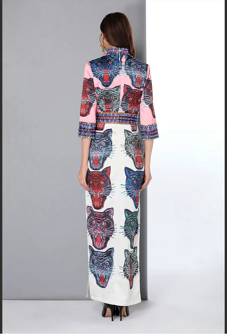 New Arrival Womens Stand Collar Sleeves Beaded Cartoons Printed Side Split Designer