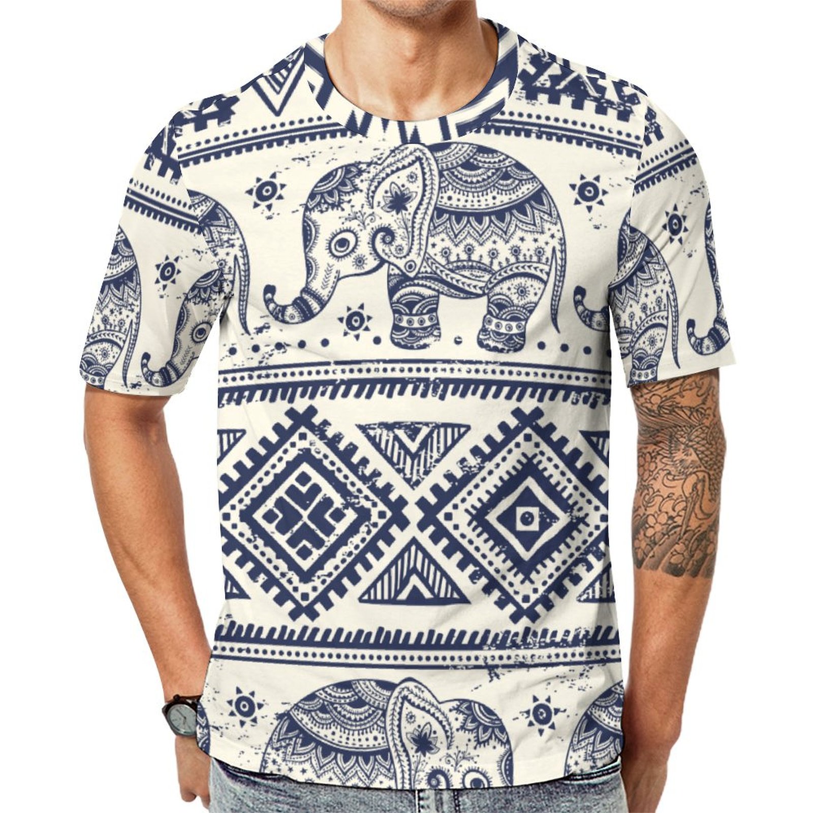 Ethnic Tribal Aztec Elephant Short Sleeve Print Unisex Tshirt Summer Casual Tees for Men and Women Coolcoshirts
