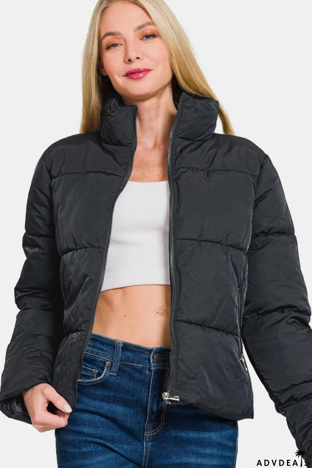 Zenana turtleneck puffer jacket with zip and pockets